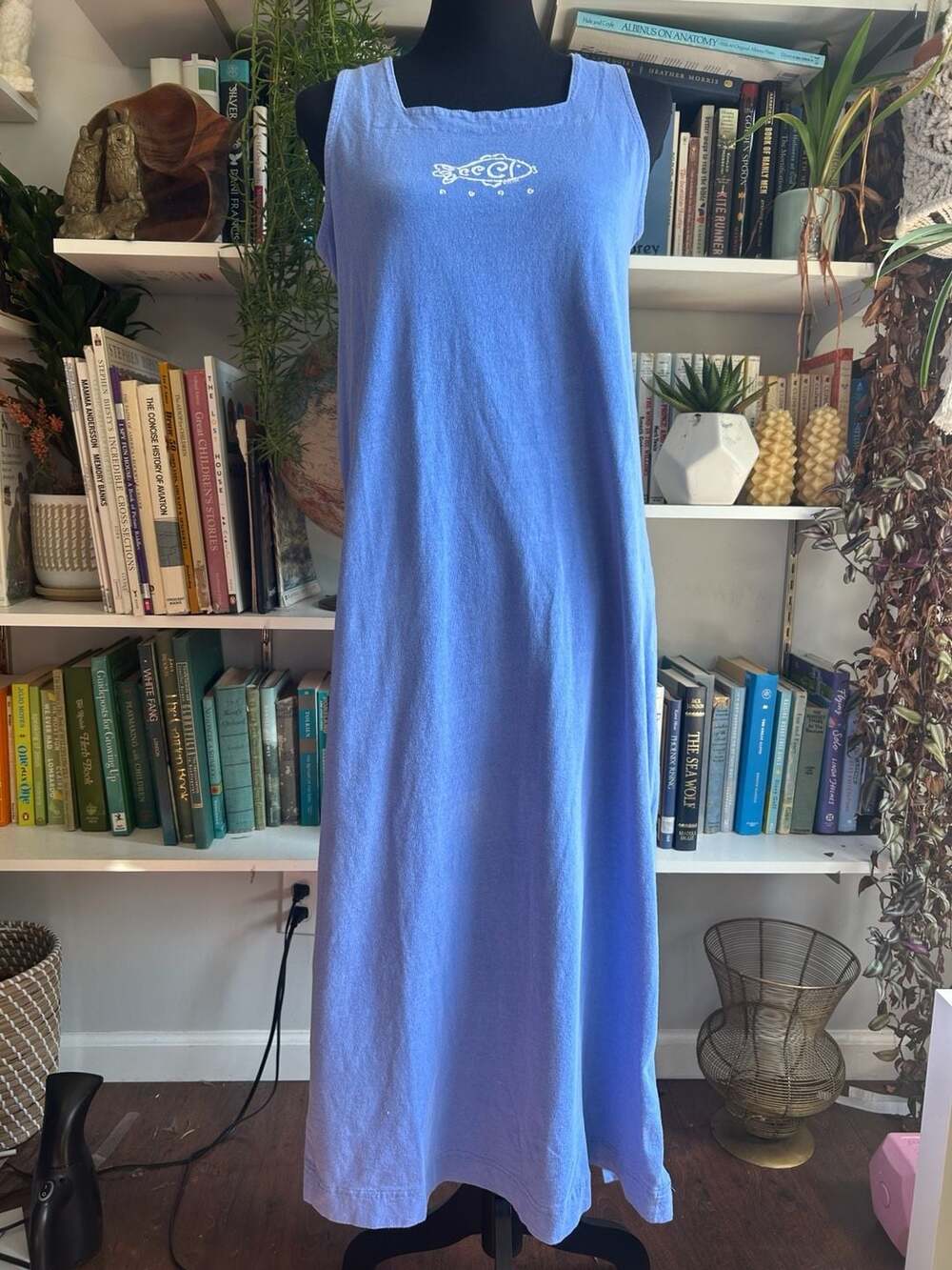 Vintage Blue Cotton Tank Dress Midi with Fish Embroidery and Side Slit